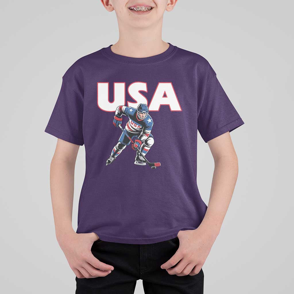 USA Ice Hockey Player Patriotic Graphic T Shirt For Kid Red White and Blue American Sports Fan