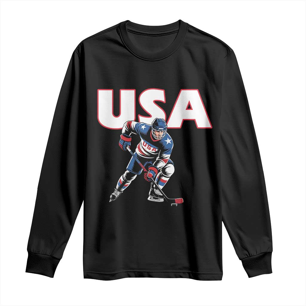 USA Ice Hockey Player Patriotic Graphic Long Sleeve Shirt Red White and Blue American Sports Fan