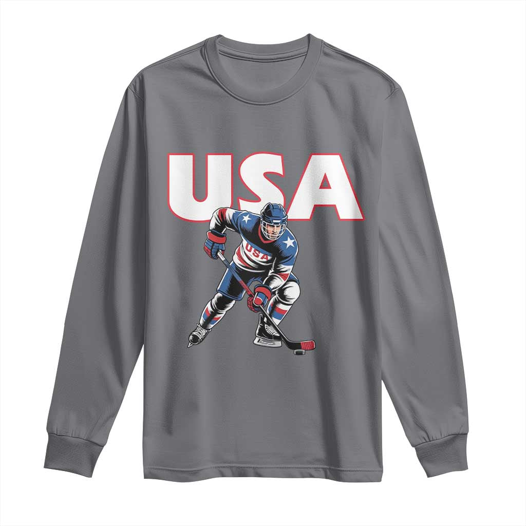 USA Ice Hockey Player Patriotic Graphic Long Sleeve Shirt Red White and Blue American Sports Fan