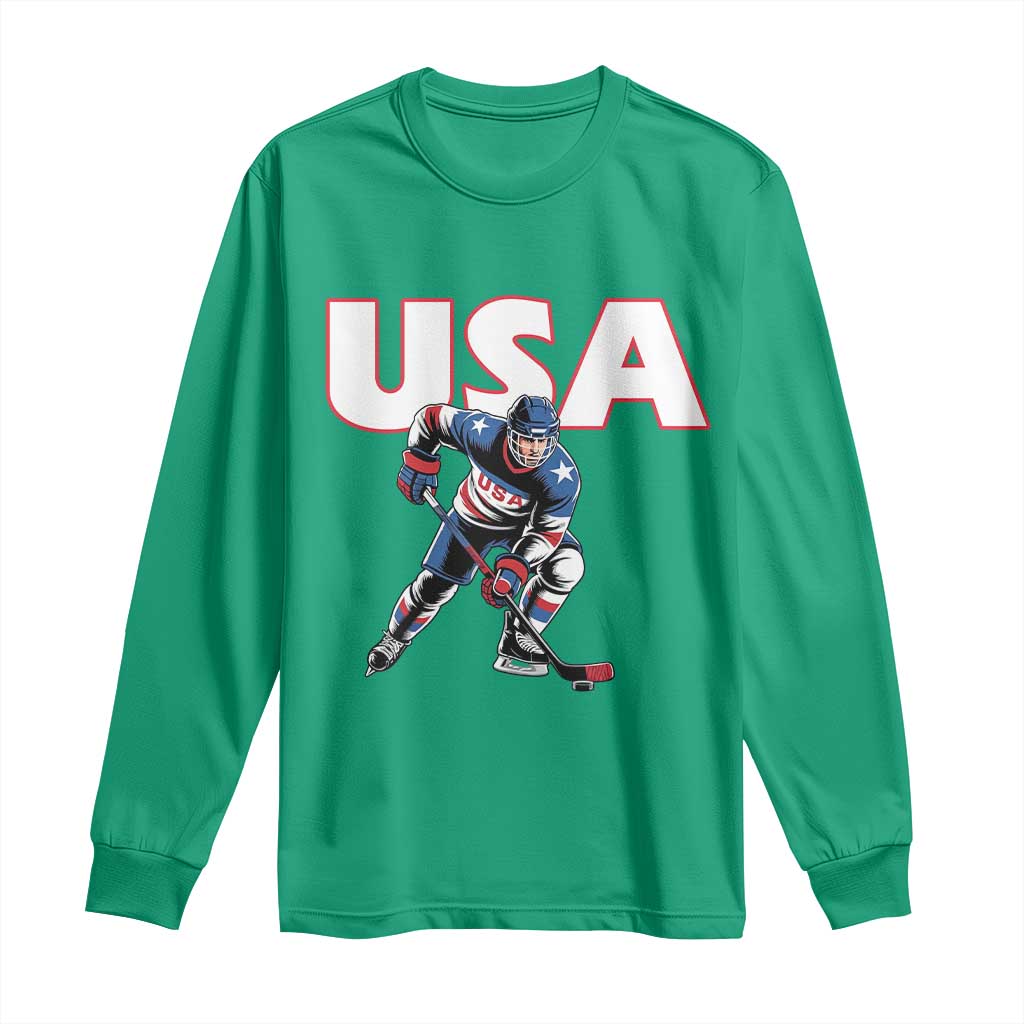 USA Ice Hockey Player Patriotic Graphic Long Sleeve Shirt Red White and Blue American Sports Fan