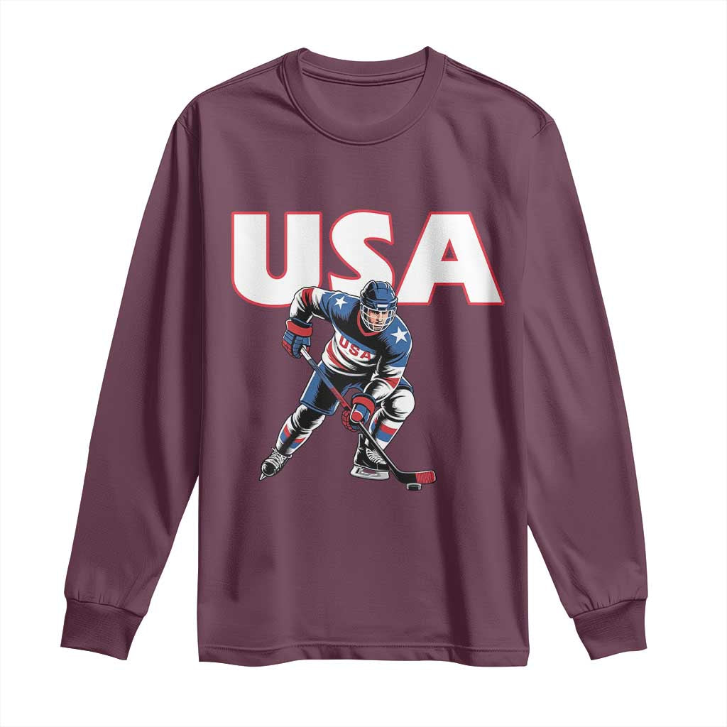 USA Ice Hockey Player Patriotic Graphic Long Sleeve Shirt Red White and Blue American Sports Fan