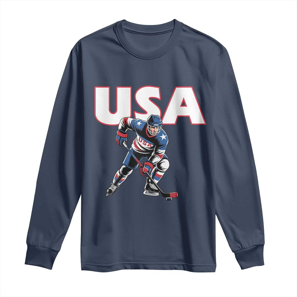 USA Ice Hockey Player Patriotic Graphic Long Sleeve Shirt Red White and Blue American Sports Fan