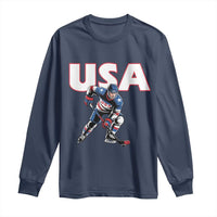 USA Ice Hockey Player Patriotic Graphic Long Sleeve Shirt Red White and Blue American Sports Fan