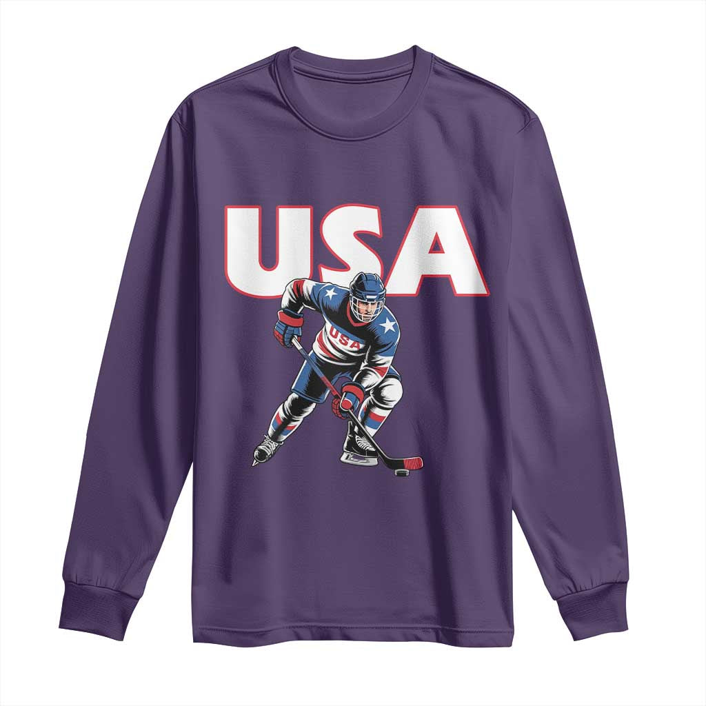 USA Ice Hockey Player Patriotic Graphic Long Sleeve Shirt Red White and Blue American Sports Fan