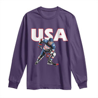 USA Ice Hockey Player Patriotic Graphic Long Sleeve Shirt Red White and Blue American Sports Fan