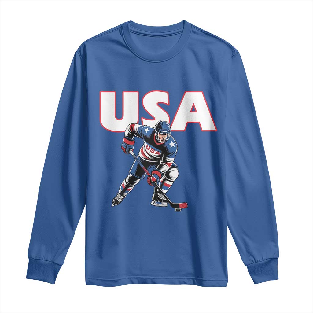 USA Ice Hockey Player Patriotic Graphic Long Sleeve Shirt Red White and Blue American Sports Fan
