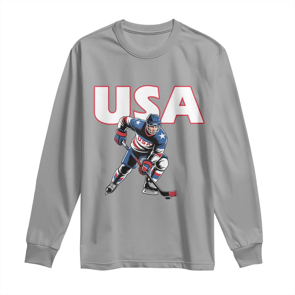 USA Ice Hockey Player Patriotic Graphic Long Sleeve Shirt Red White and Blue American Sports Fan
