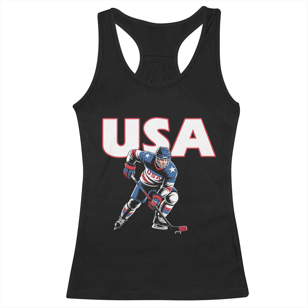 USA Ice Hockey Player Patriotic Graphic Racerback Tank Top Red White and Blue American Sports Fan
