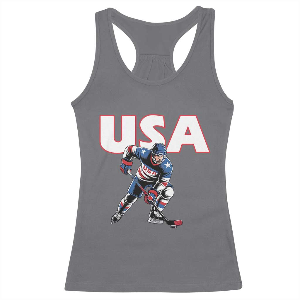 USA Ice Hockey Player Patriotic Graphic Racerback Tank Top Red White and Blue American Sports Fan