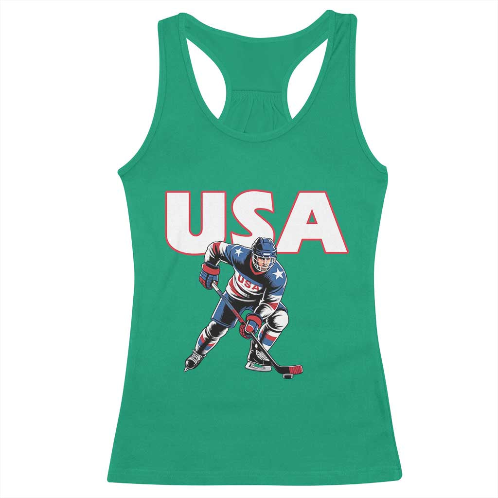 USA Ice Hockey Player Patriotic Graphic Racerback Tank Top Red White and Blue American Sports Fan