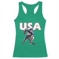 USA Ice Hockey Player Patriotic Graphic Racerback Tank Top Red White and Blue American Sports Fan