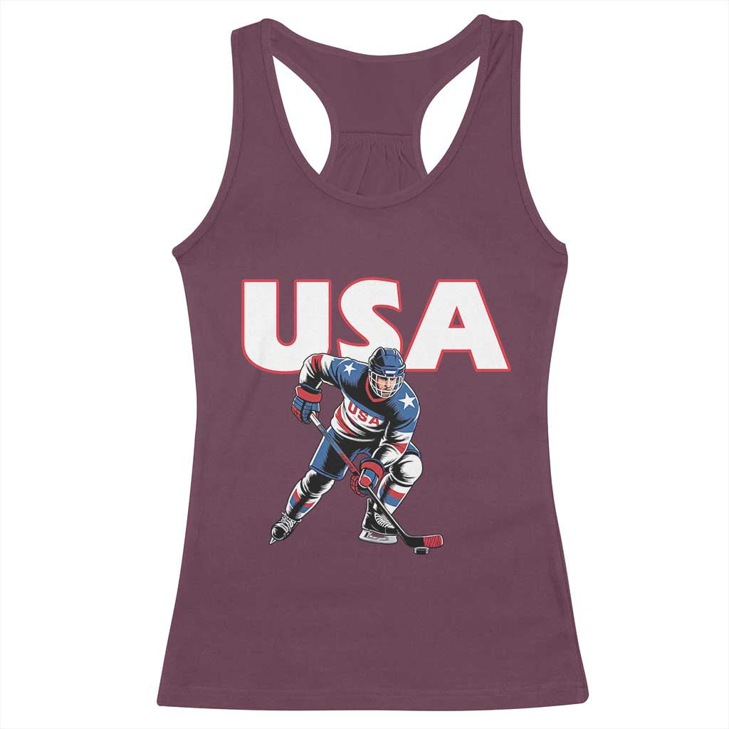 USA Ice Hockey Player Patriotic Graphic Racerback Tank Top Red White and Blue American Sports Fan