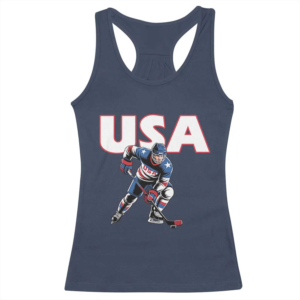USA Ice Hockey Player Patriotic Graphic Racerback Tank Top Red White and Blue American Sports Fan
