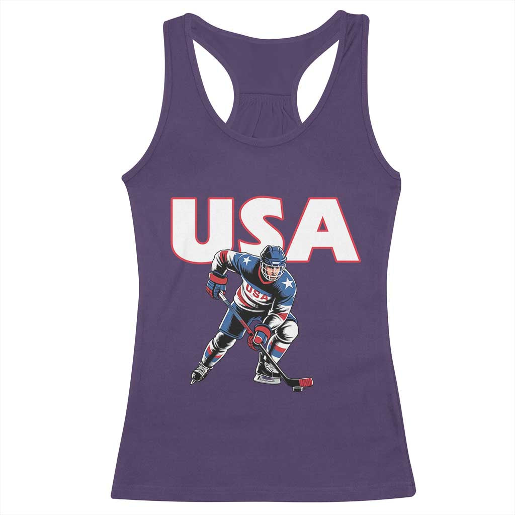 USA Ice Hockey Player Patriotic Graphic Racerback Tank Top Red White and Blue American Sports Fan