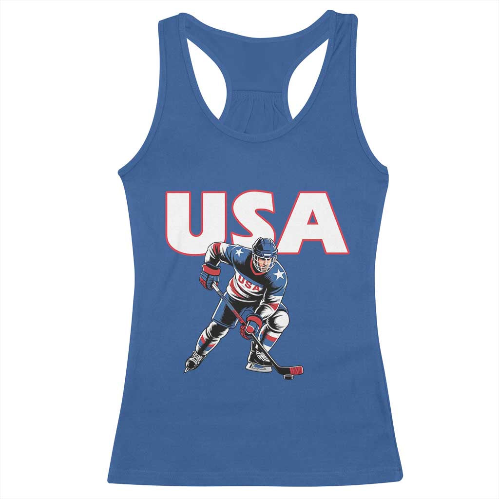 USA Ice Hockey Player Patriotic Graphic Racerback Tank Top Red White and Blue American Sports Fan