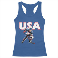 USA Ice Hockey Player Patriotic Graphic Racerback Tank Top Red White and Blue American Sports Fan