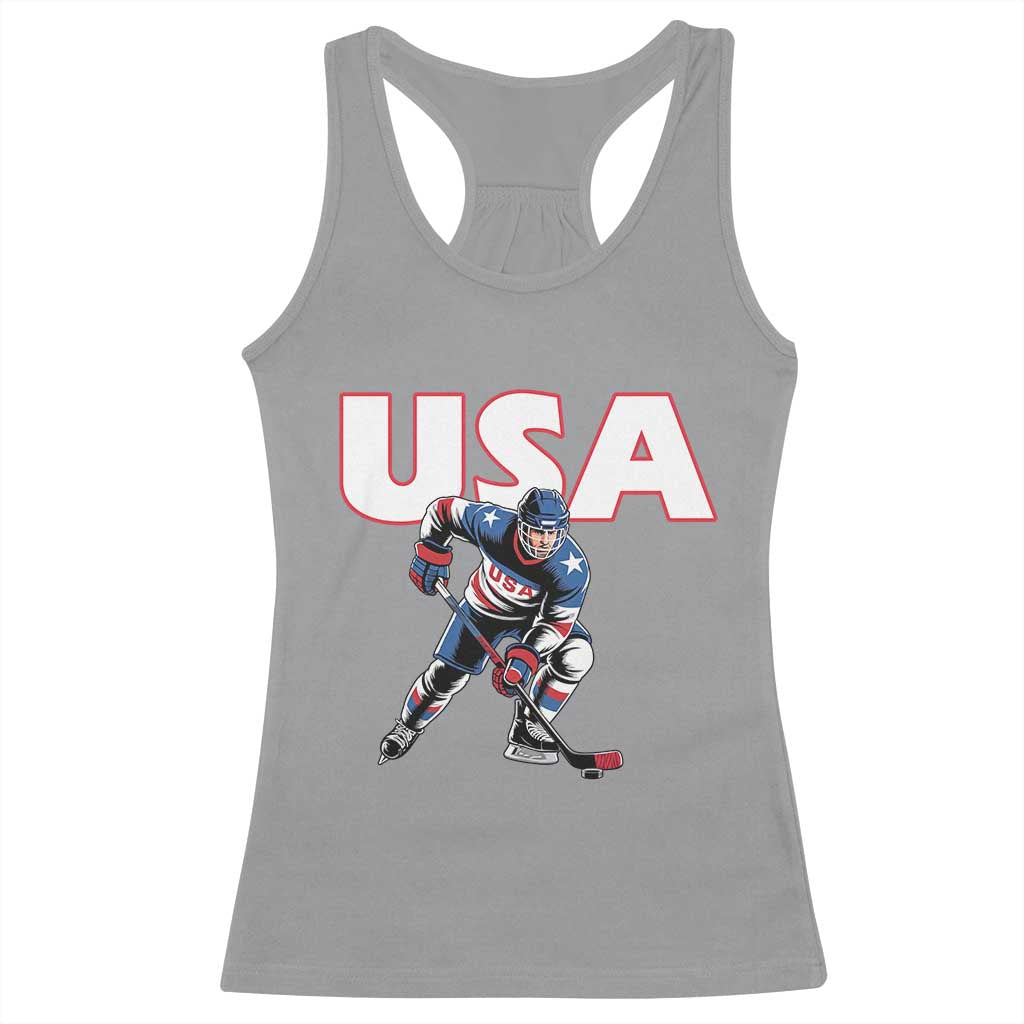 USA Ice Hockey Player Patriotic Graphic Racerback Tank Top Red White and Blue American Sports Fan