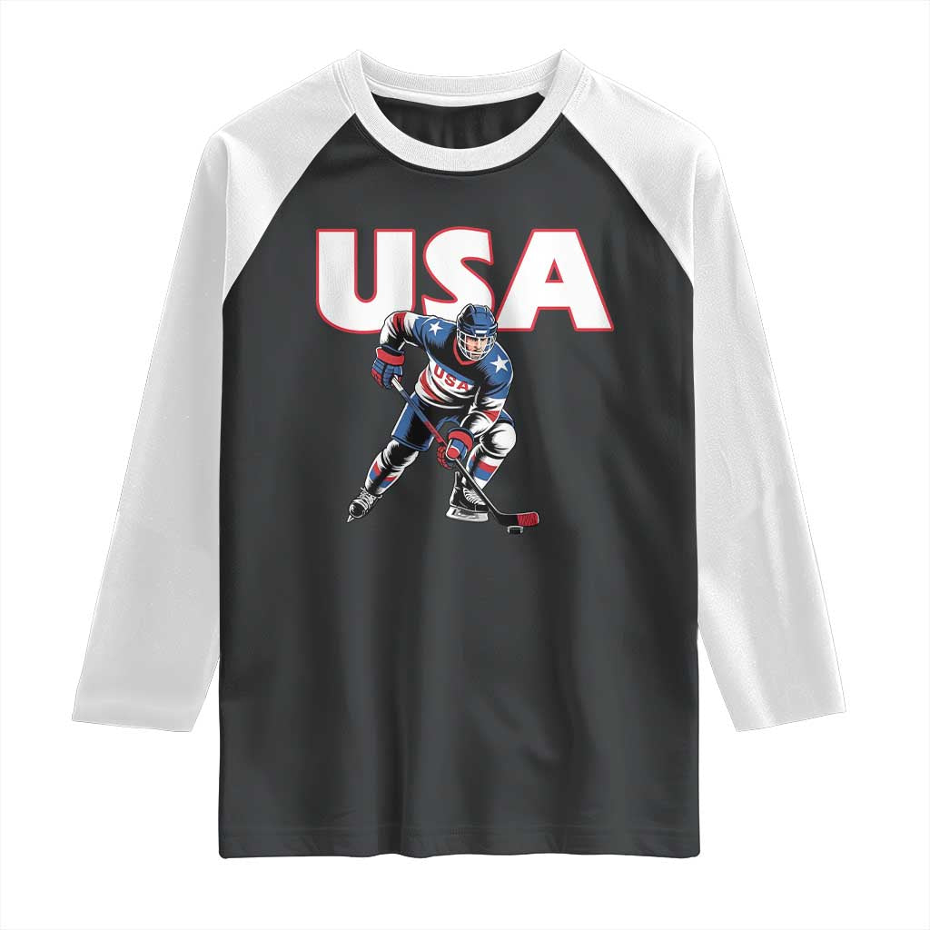 USA Ice Hockey Player Patriotic Graphic Raglan Shirt Red White and Blue American Sports Fan