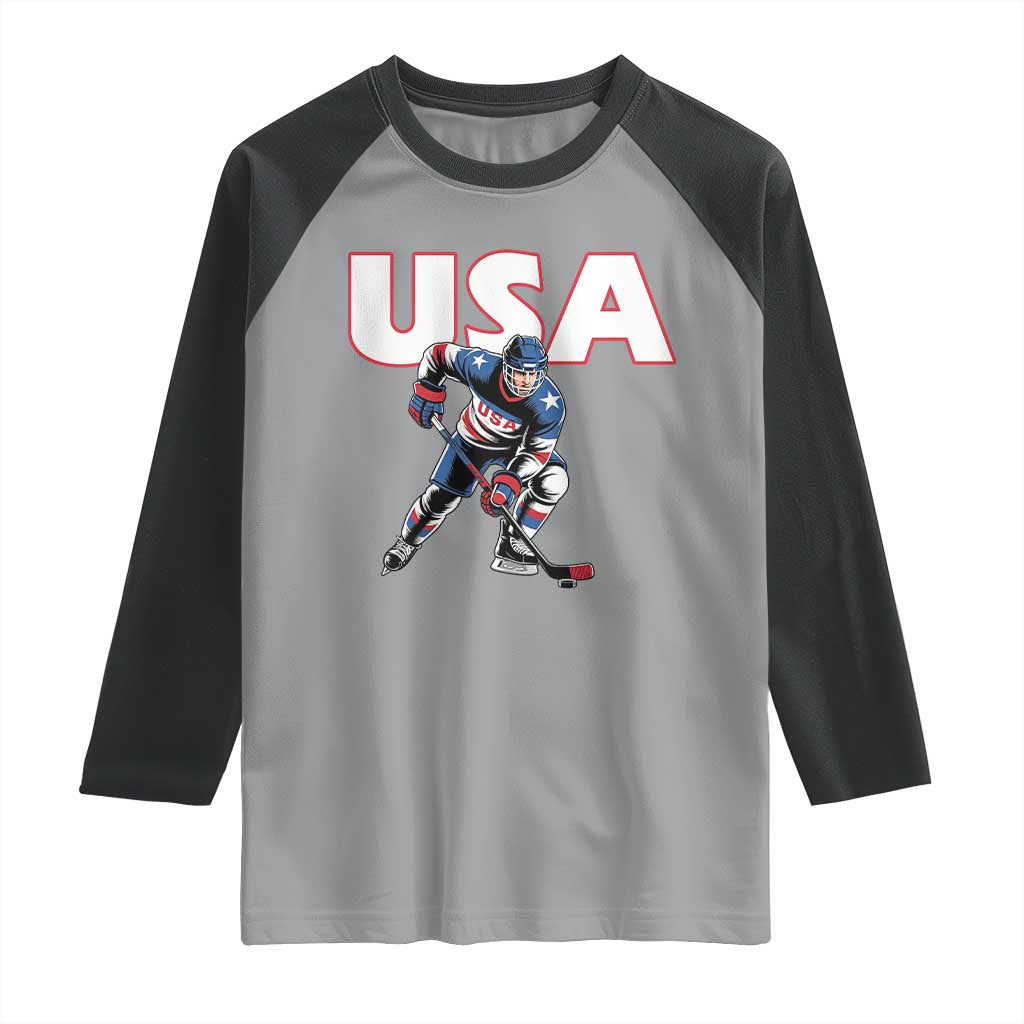 USA Ice Hockey Player Patriotic Graphic Raglan Shirt Red White and Blue American Sports Fan