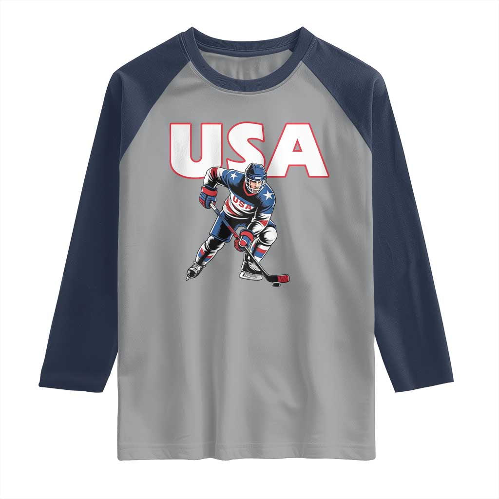 USA Ice Hockey Player Patriotic Graphic Raglan Shirt Red White and Blue American Sports Fan