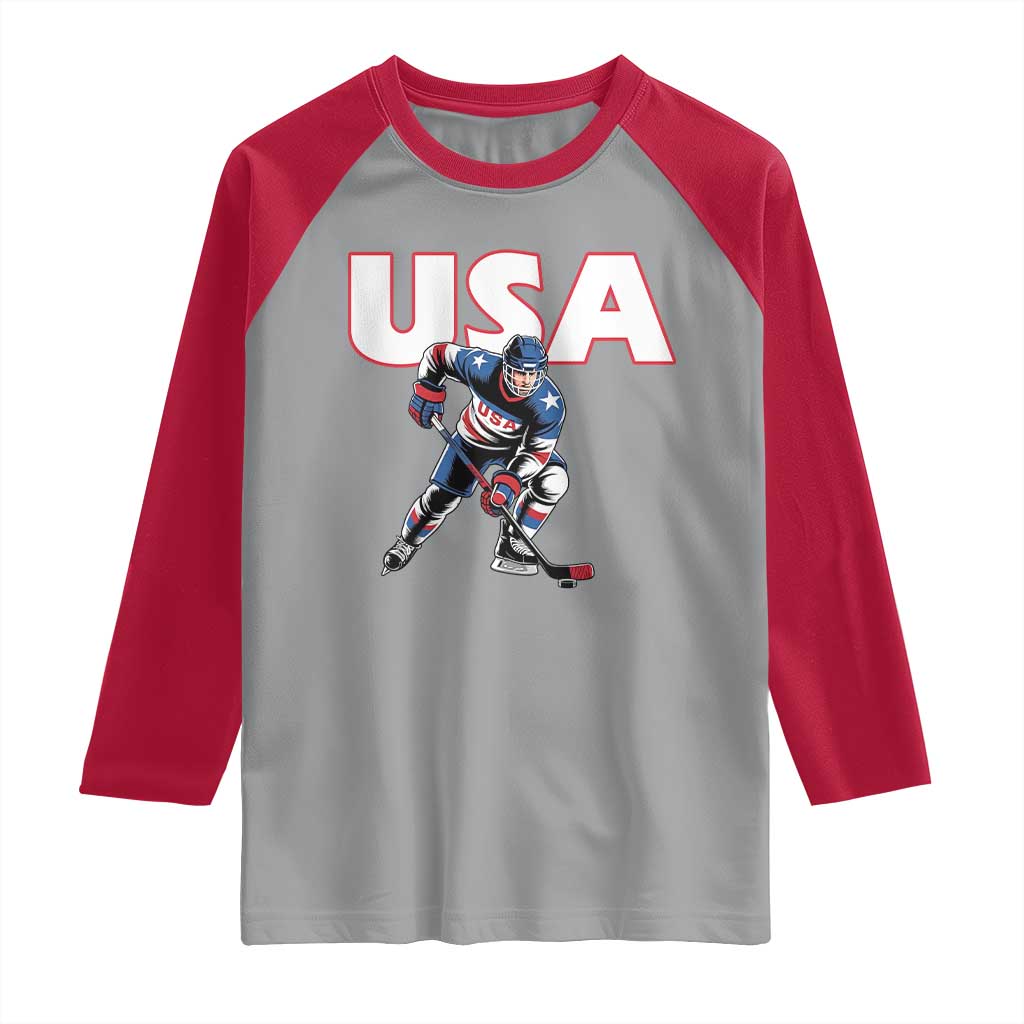 USA Ice Hockey Player Patriotic Graphic Raglan Shirt Red White and Blue American Sports Fan
