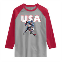 USA Ice Hockey Player Patriotic Graphic Raglan Shirt Red White and Blue American Sports Fan
