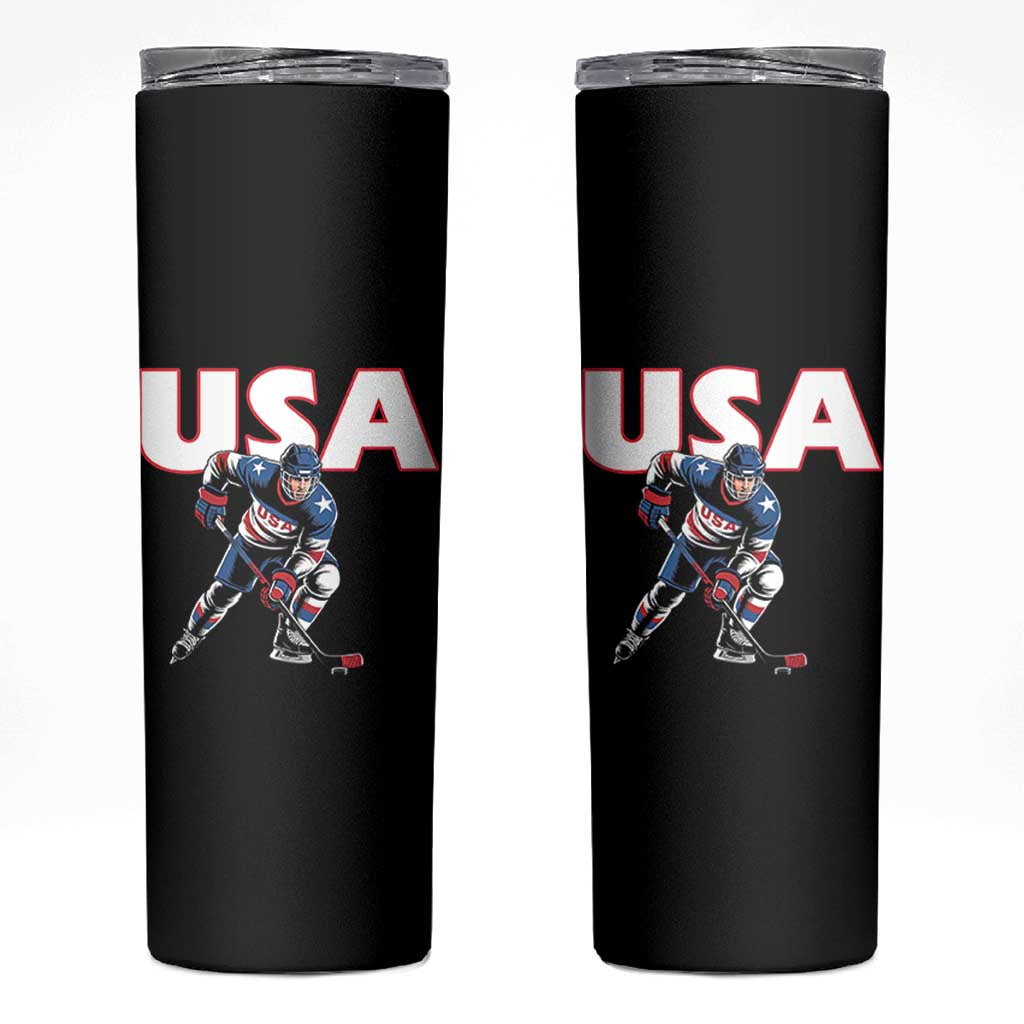 USA Ice Hockey Player Patriotic Graphic Skinny Tumbler Red White and Blue American Sports Fan