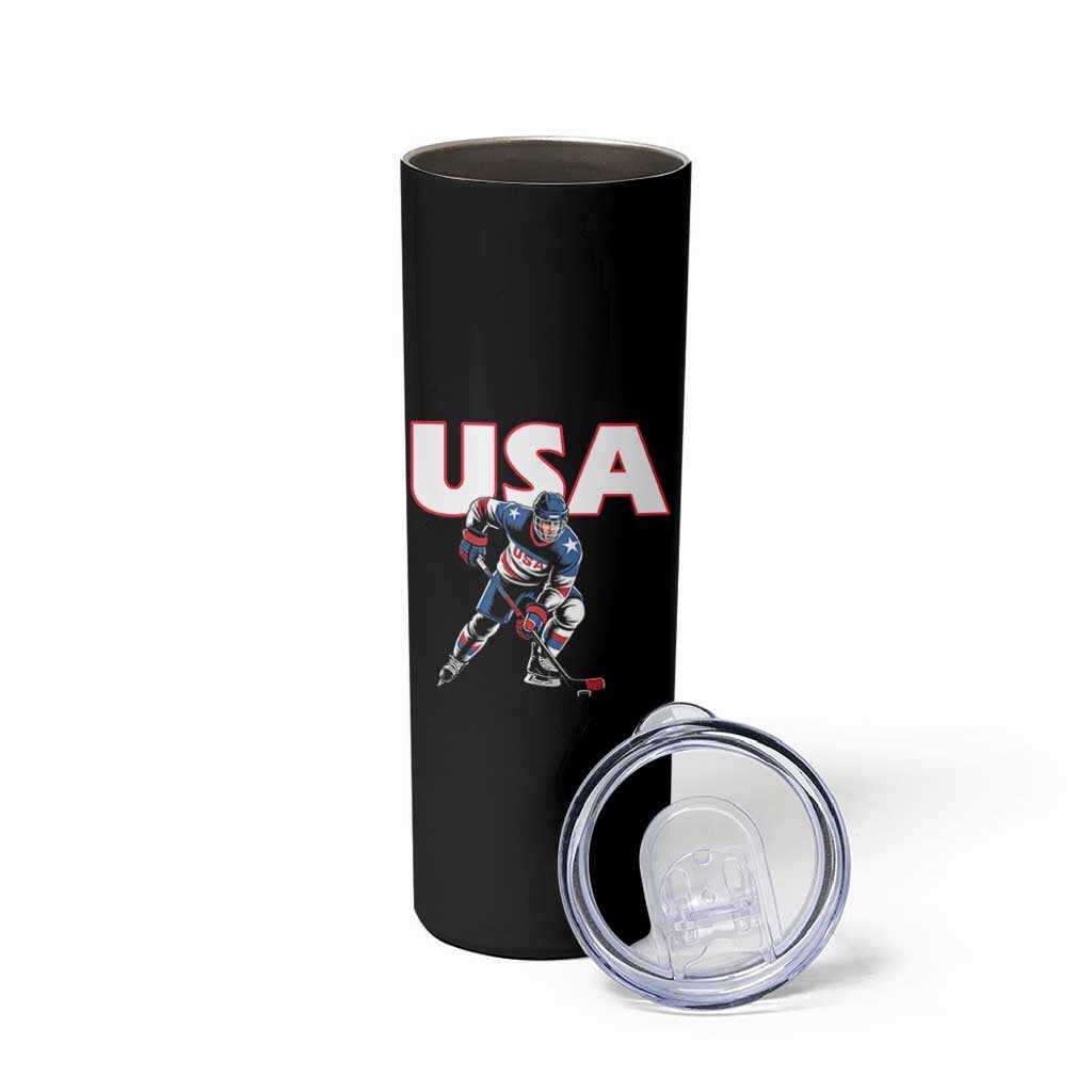 USA Ice Hockey Player Patriotic Graphic Skinny Tumbler Red White and Blue American Sports Fan