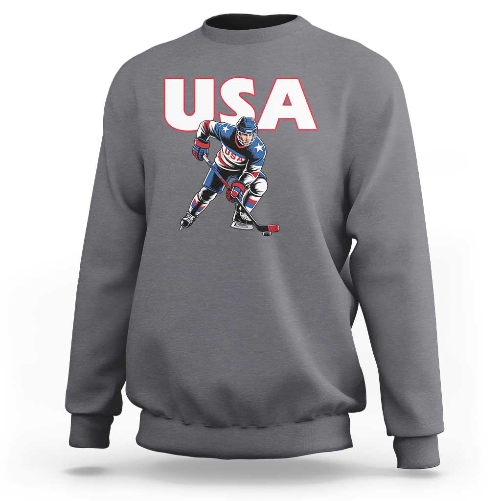 USA Ice Hockey Player Patriotic Graphic Sweatshirt Red White and Blue American Sports Fan