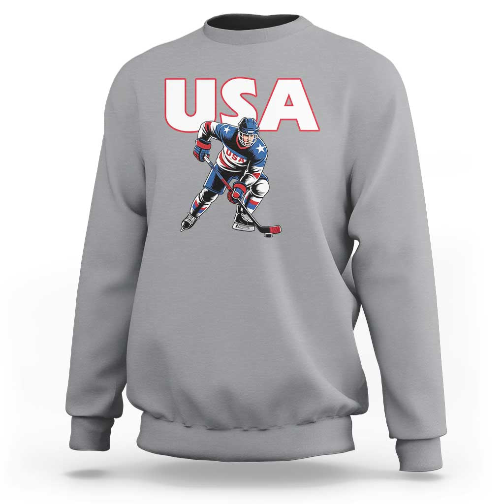 USA Ice Hockey Player Patriotic Graphic Sweatshirt Red White and Blue American Sports Fan
