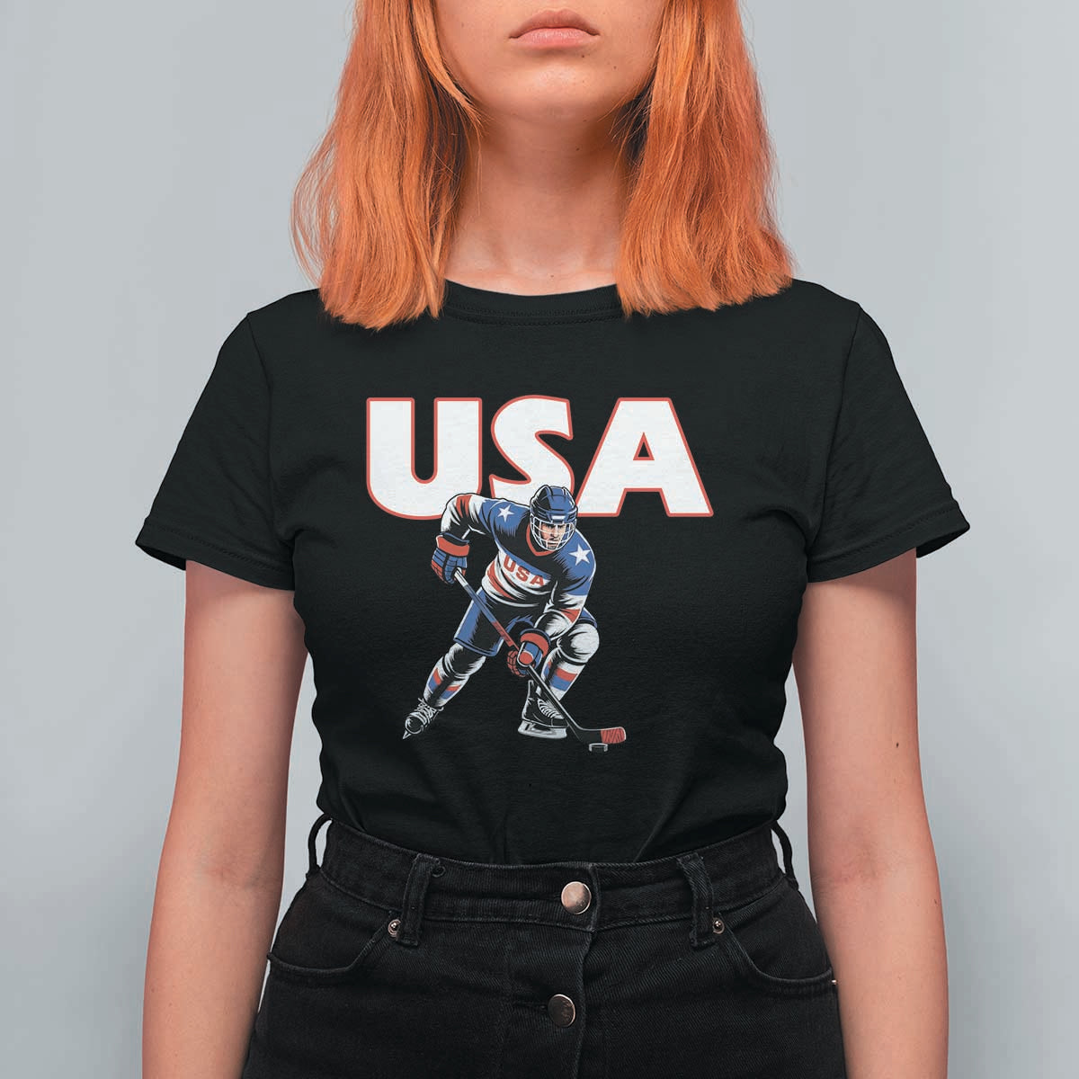 USA Ice Hockey Player Patriotic Graphic T Shirt For Women Red White and Blue American Sports Fan