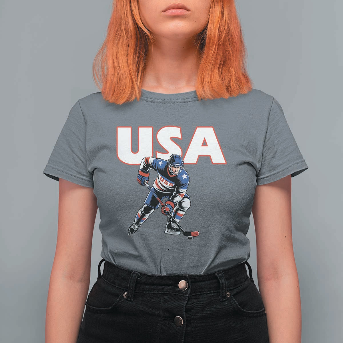 USA Ice Hockey Player Patriotic Graphic T Shirt For Women Red White and Blue American Sports Fan