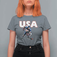 USA Ice Hockey Player Patriotic Graphic T Shirt For Women Red White and Blue American Sports Fan