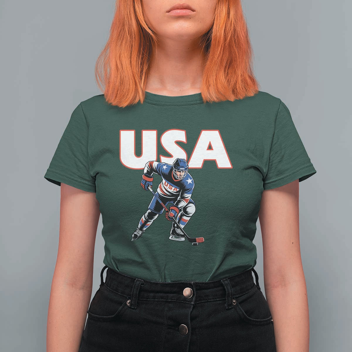 USA Ice Hockey Player Patriotic Graphic T Shirt For Women Red White and Blue American Sports Fan