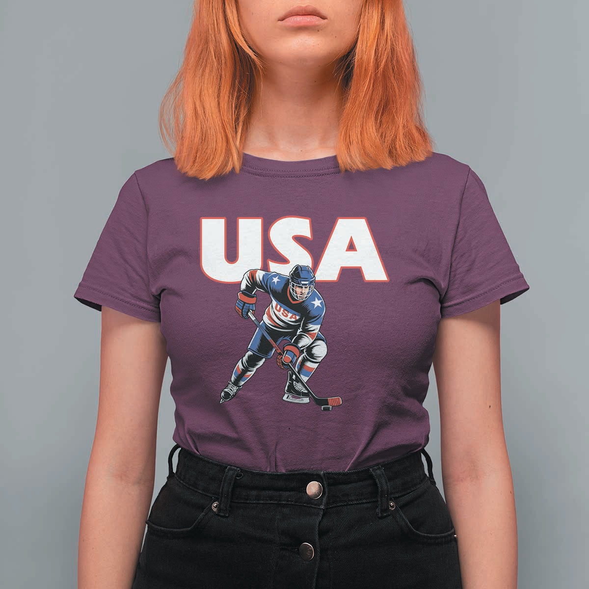 USA Ice Hockey Player Patriotic Graphic T Shirt For Women Red White and Blue American Sports Fan