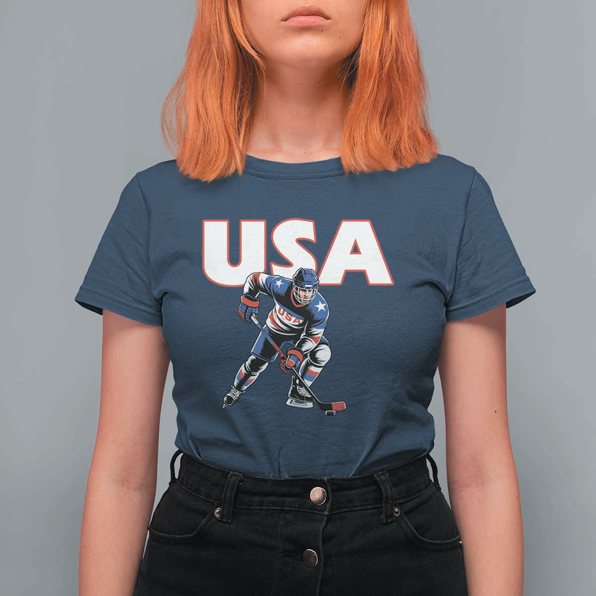 USA Ice Hockey Player Patriotic Graphic T Shirt For Women Red White and Blue American Sports Fan