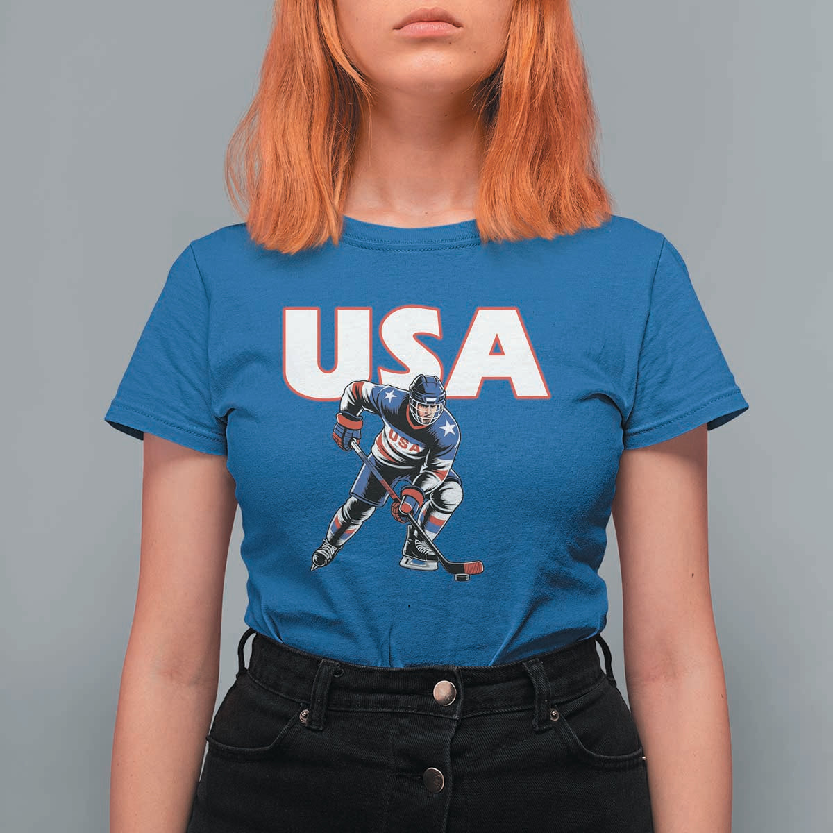 USA Ice Hockey Player Patriotic Graphic T Shirt For Women Red White and Blue American Sports Fan