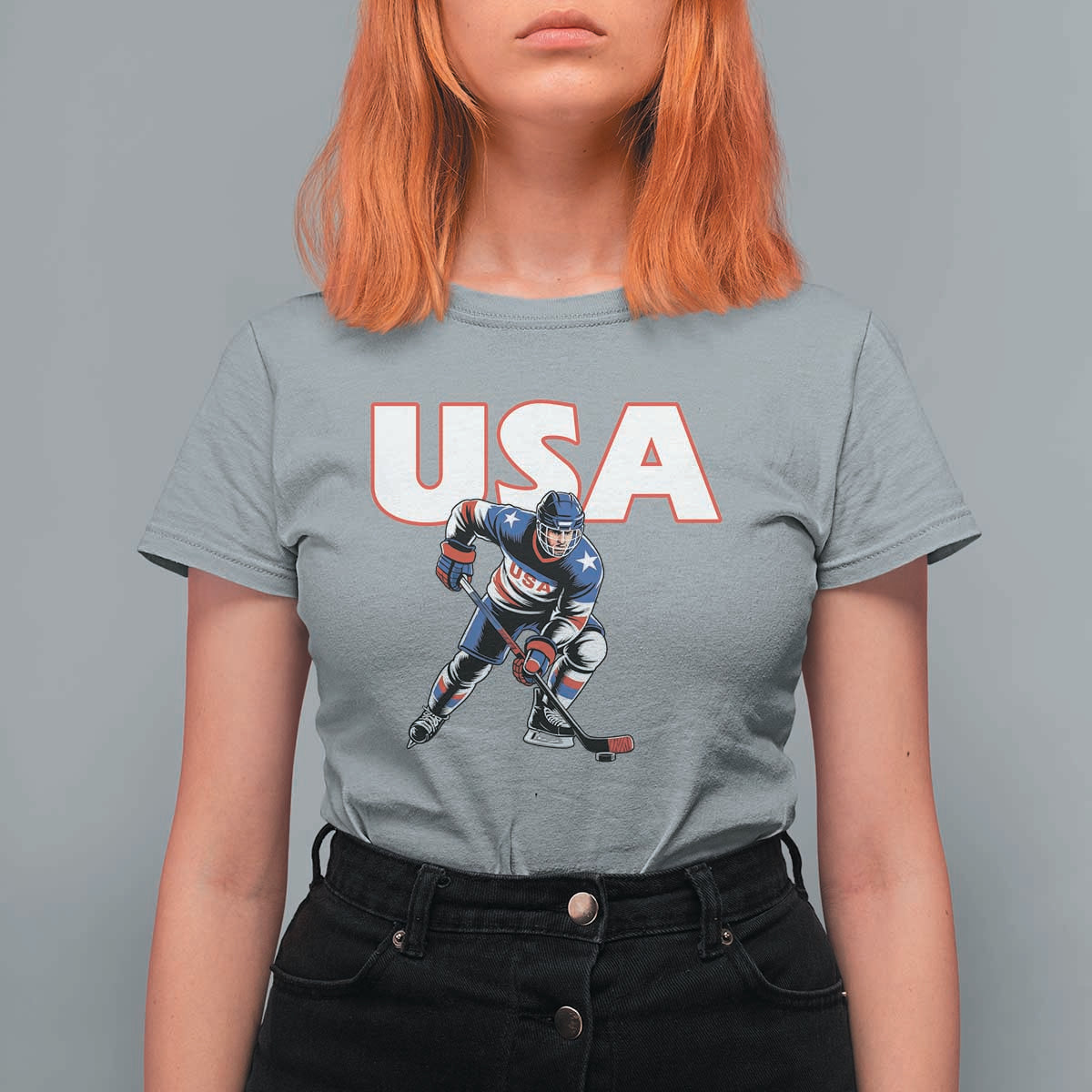 USA Ice Hockey Player Patriotic Graphic T Shirt For Women Red White and Blue American Sports Fan