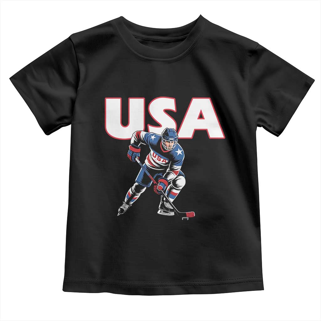 USA Ice Hockey Player Patriotic Graphic Toddler T Shirt Red White and Blue American Sports Fan