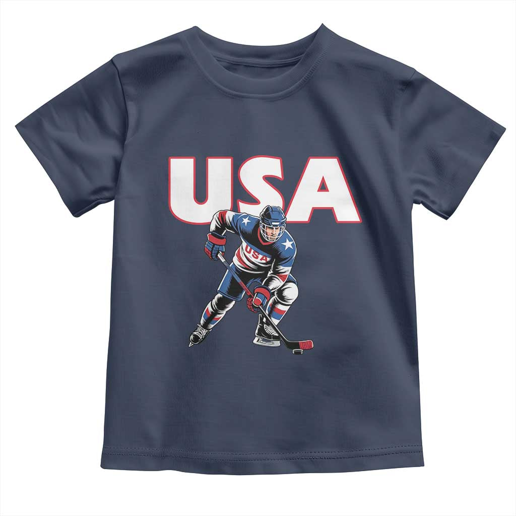 USA Ice Hockey Player Patriotic Graphic Toddler T Shirt Red White and Blue American Sports Fan