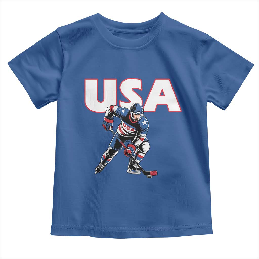 USA Ice Hockey Player Patriotic Graphic Toddler T Shirt Red White and Blue American Sports Fan