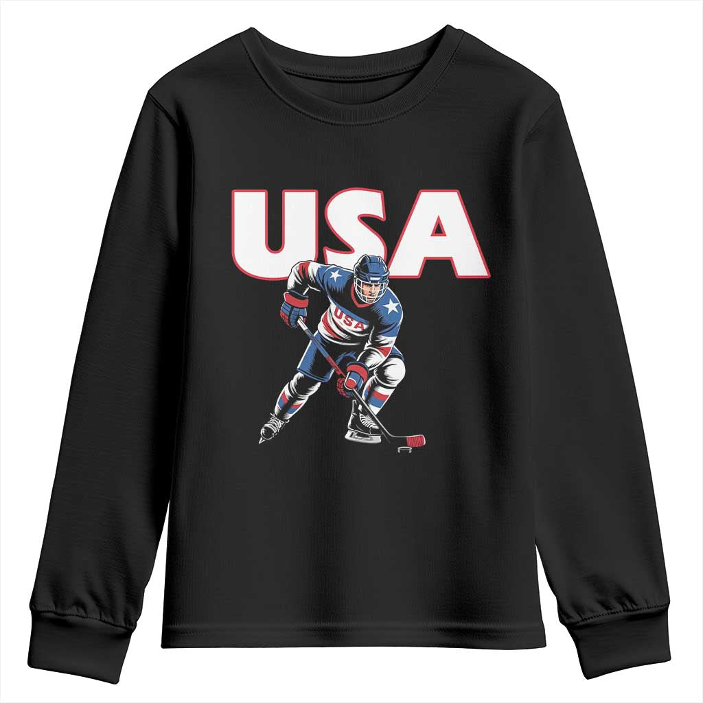 USA Ice Hockey Player Patriotic Graphic Youth Sweatshirt Red White and Blue American Sports Fan