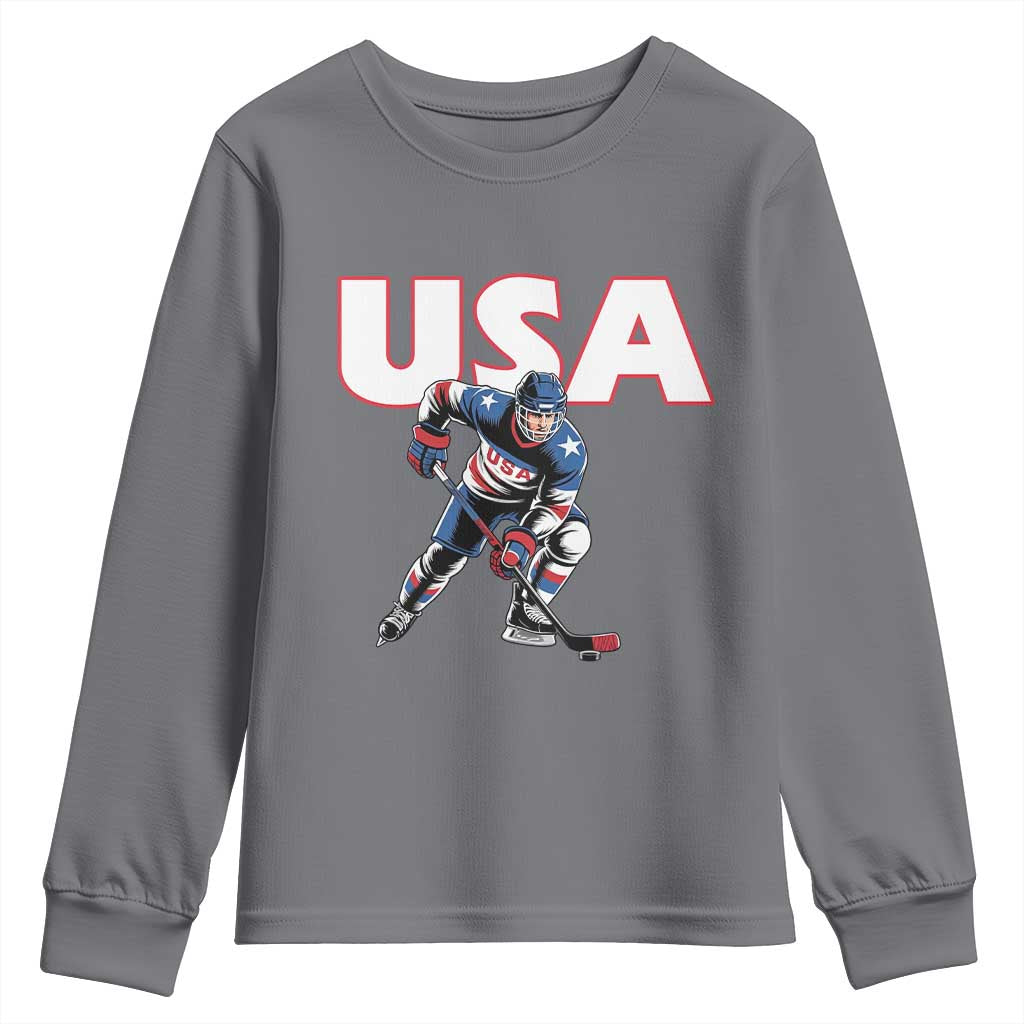 USA Ice Hockey Player Patriotic Graphic Youth Sweatshirt Red White and Blue American Sports Fan