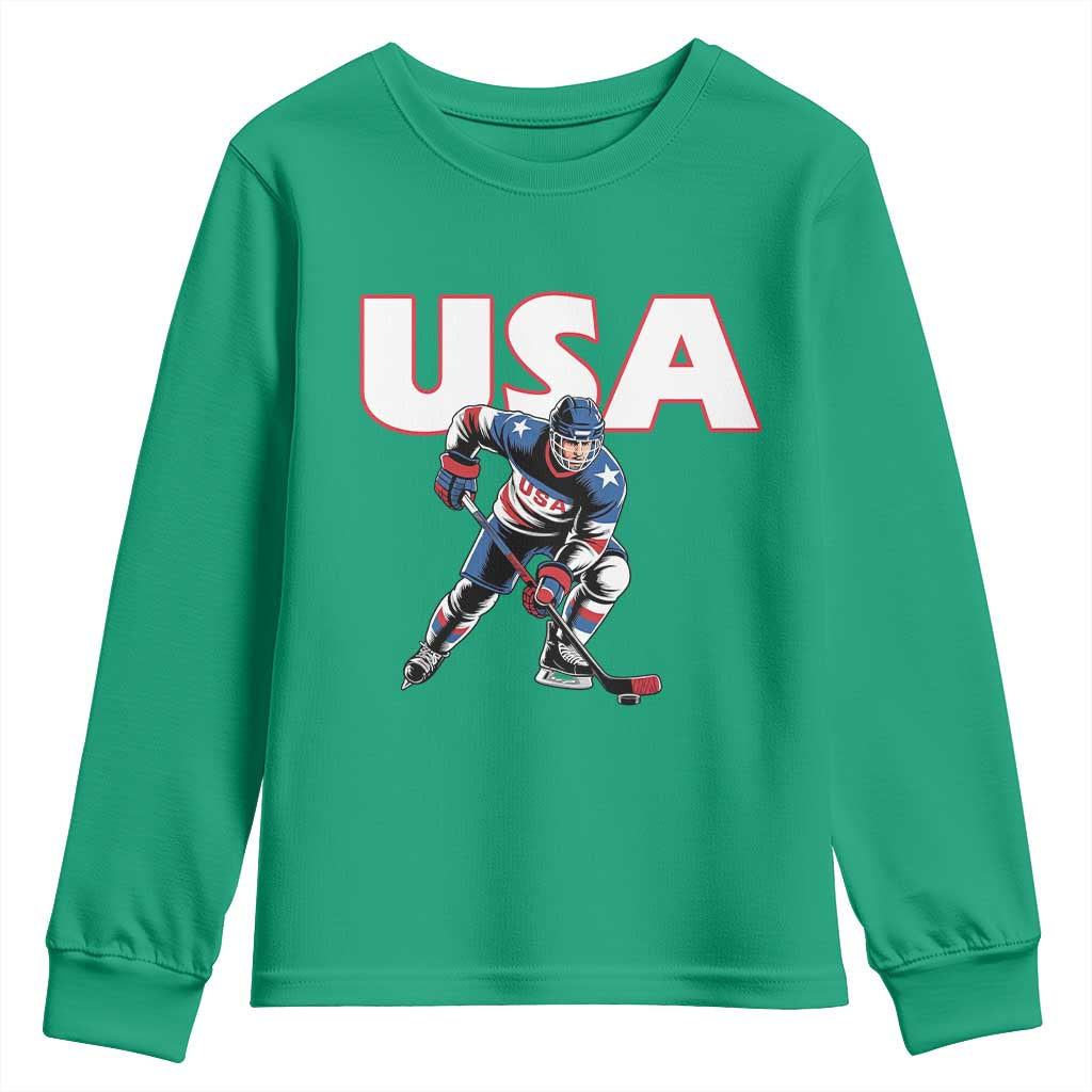 USA Ice Hockey Player Patriotic Graphic Youth Sweatshirt Red White and Blue American Sports Fan