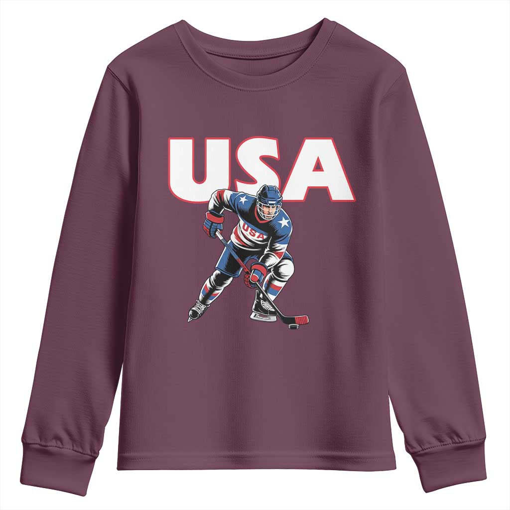 USA Ice Hockey Player Patriotic Graphic Youth Sweatshirt Red White and Blue American Sports Fan
