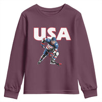 USA Ice Hockey Player Patriotic Graphic Youth Sweatshirt Red White and Blue American Sports Fan