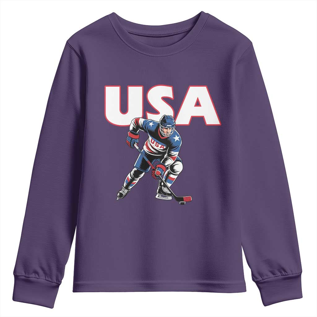 USA Ice Hockey Player Patriotic Graphic Youth Sweatshirt Red White and Blue American Sports Fan