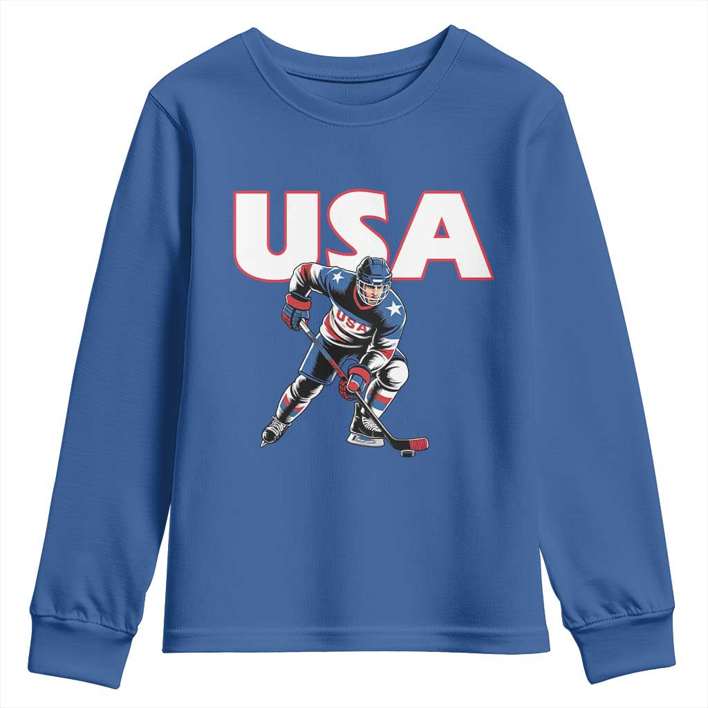 USA Ice Hockey Player Patriotic Graphic Youth Sweatshirt Red White and Blue American Sports Fan