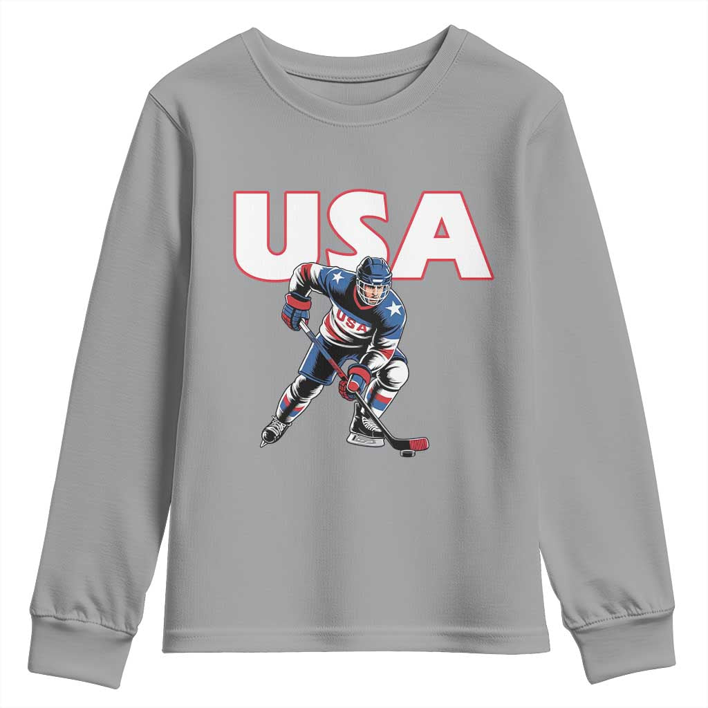 USA Ice Hockey Player Patriotic Graphic Youth Sweatshirt Red White and Blue American Sports Fan