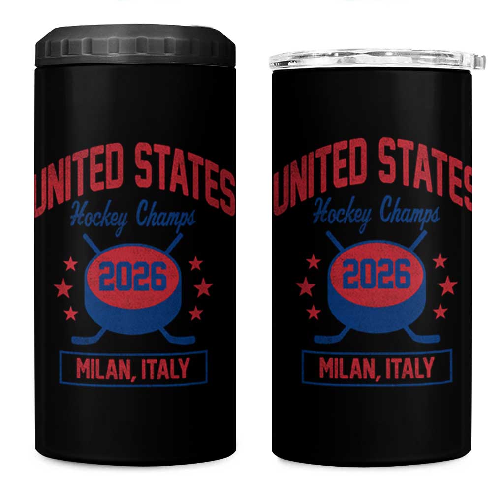 United States Hockey Champs 2026 Milan Italy 4 in 1 Can Cooler Tumbler Patriotic USA Gold Medal Winter Games Fan